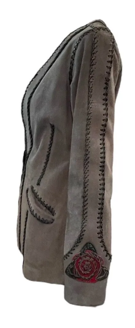 70s Grey Suede Whip Stitch Jacket with Rose Medallion
