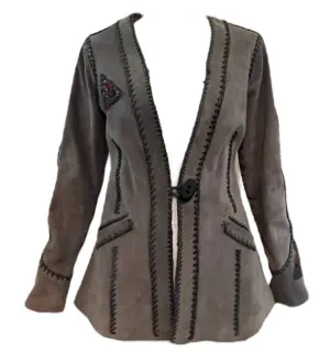 70s Grey Suede Whip Stitch Jacket with Rose Medallion