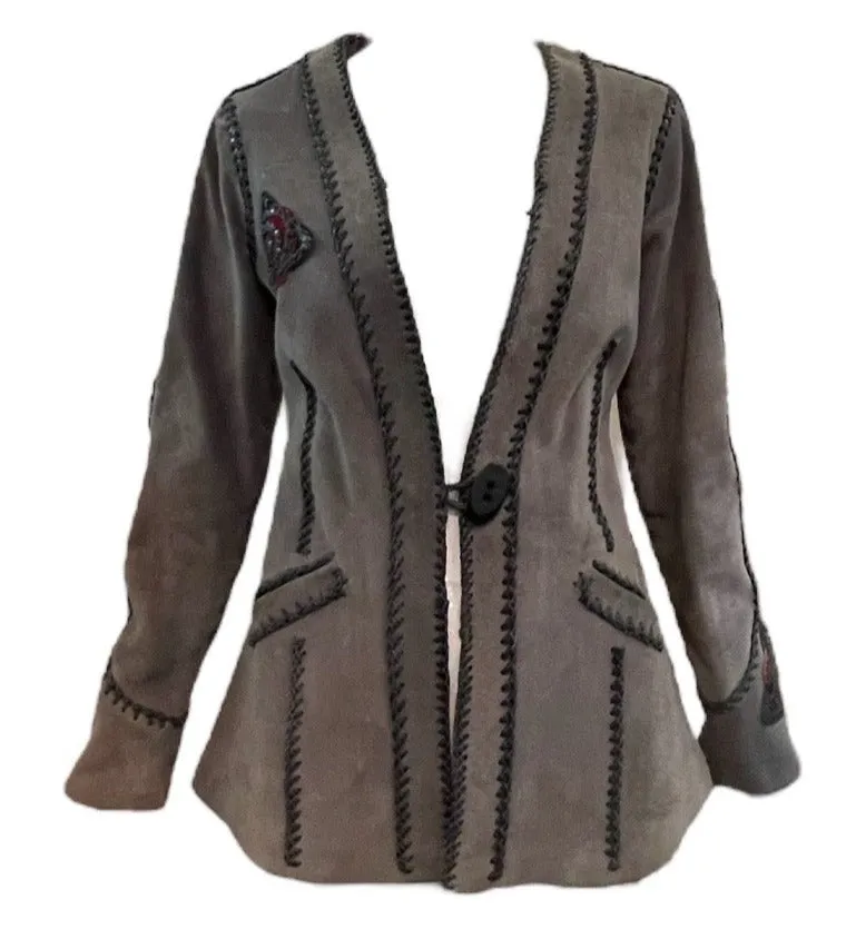 70s Grey Suede Whip Stitch Jacket with Rose Medallion