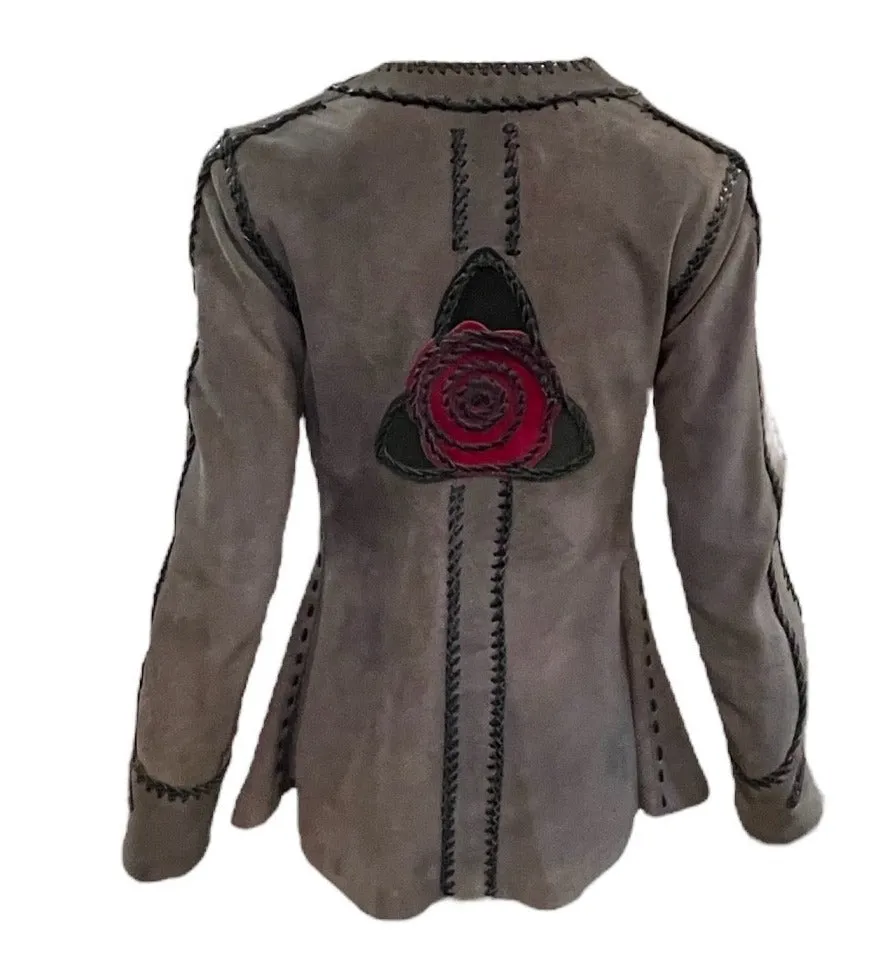 70s Grey Suede Whip Stitch Jacket with Rose Medallion