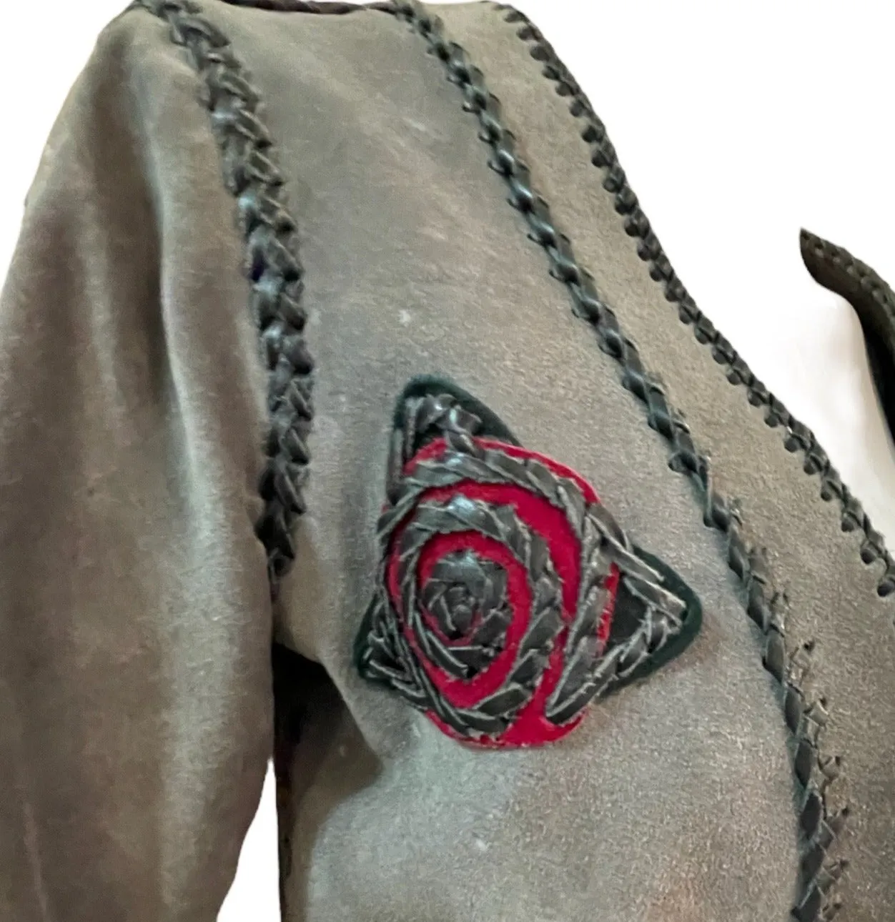 70s Grey Suede Whip Stitch Jacket with Rose Medallion