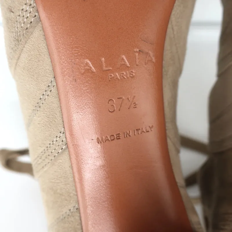 Alaia Lace-Up Cutout Ankle Boots Taupe Suede Size 37.5 Peep Toe Booties