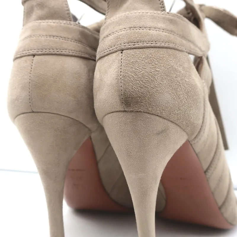 Alaia Lace-Up Cutout Ankle Boots Taupe Suede Size 37.5 Peep Toe Booties