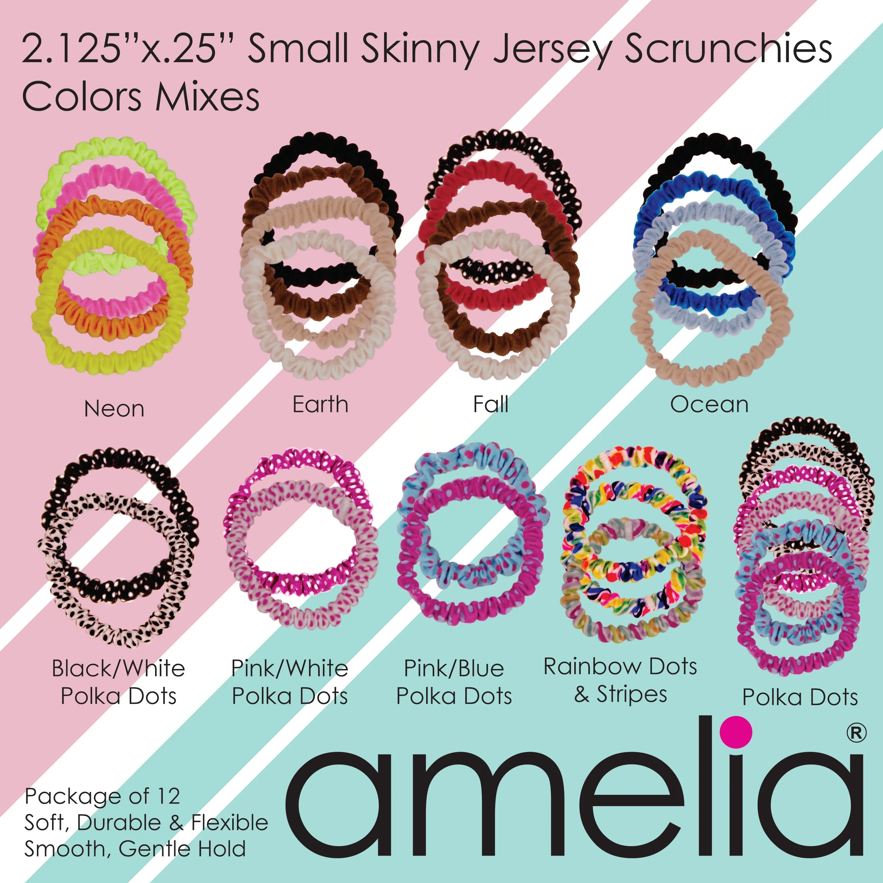 Amelia Beauty, Neon Mix Skinny Jersey Scrunchies, 2.125in Diameter, Gentle on Hair, Strong Hold, No Snag, No Dents or Creases. 12 Pack