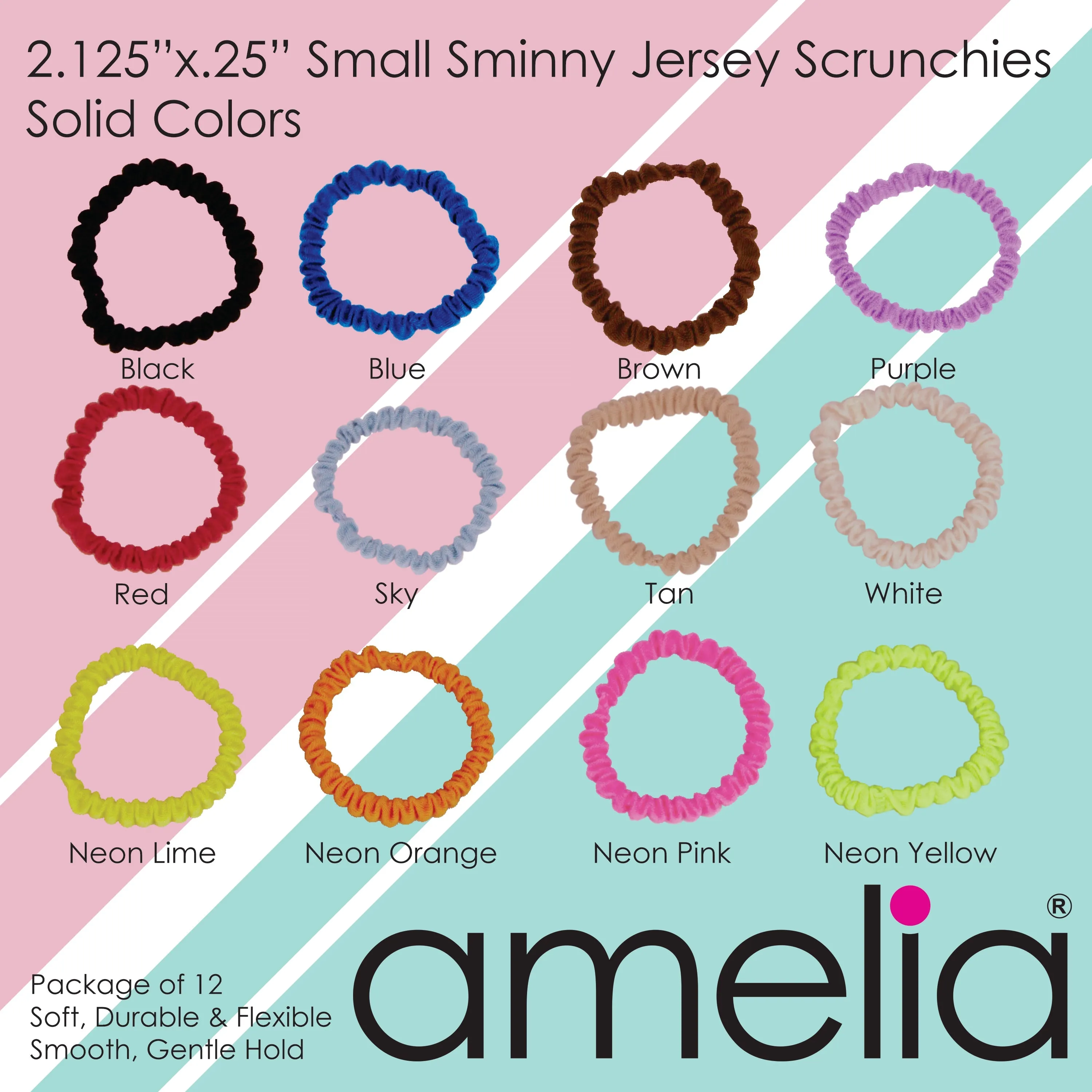 Amelia Beauty, Neon Mix Skinny Jersey Scrunchies, 2.125in Diameter, Gentle on Hair, Strong Hold, No Snag, No Dents or Creases. 12 Pack