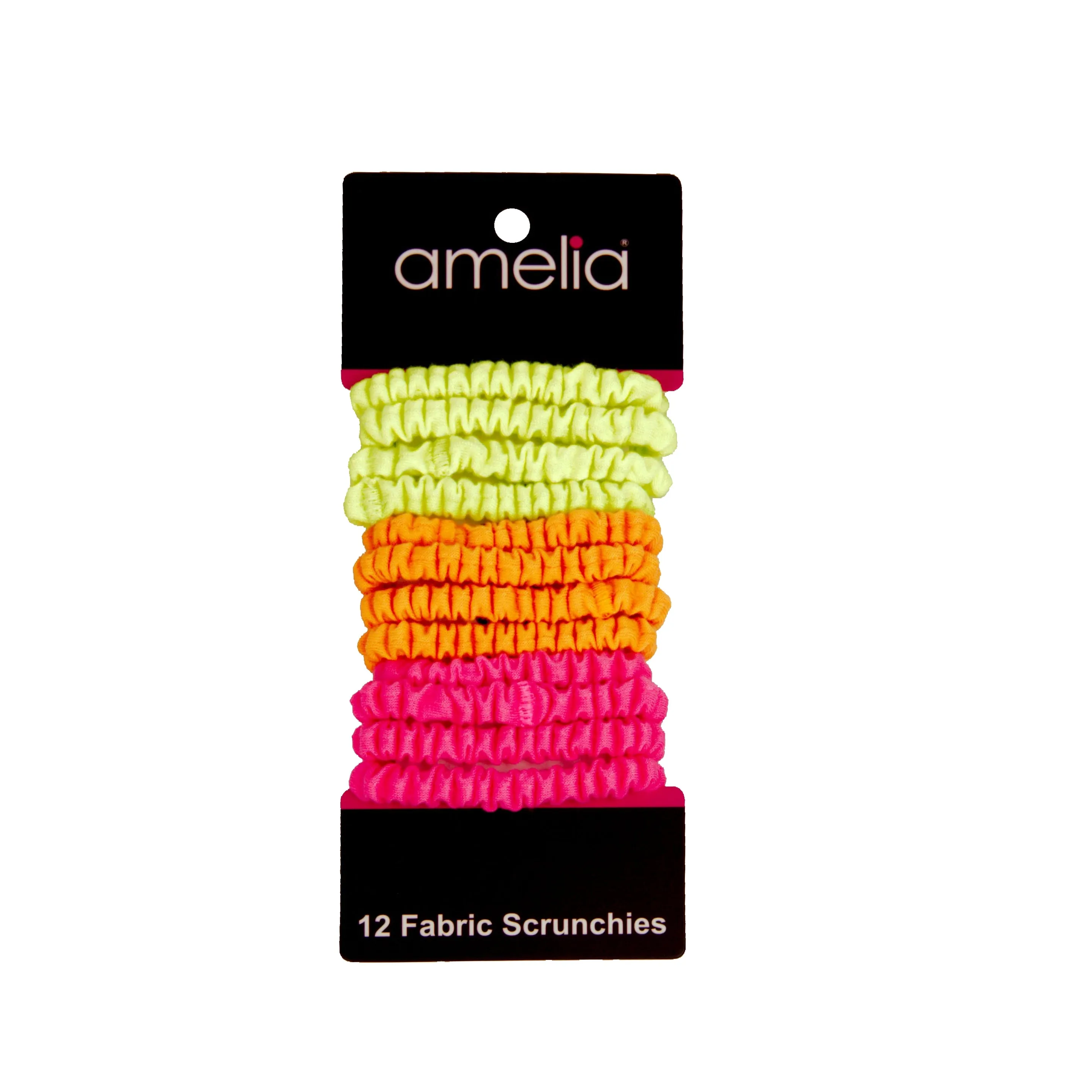 Amelia Beauty, Neon Mix Skinny Jersey Scrunchies, 2.125in Diameter, Gentle on Hair, Strong Hold, No Snag, No Dents or Creases. 12 Pack