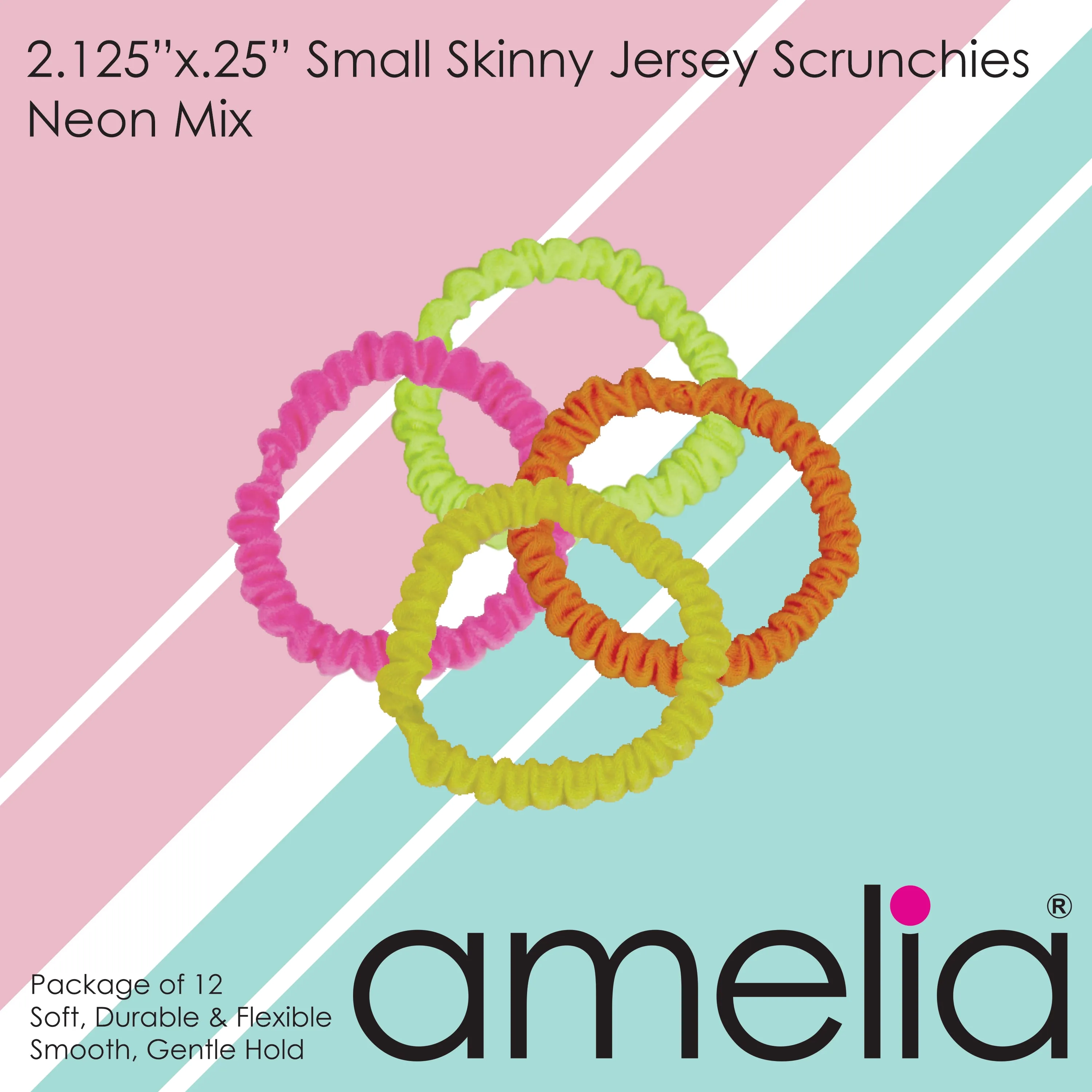 Amelia Beauty, Neon Mix Skinny Jersey Scrunchies, 2.125in Diameter, Gentle on Hair, Strong Hold, No Snag, No Dents or Creases. 12 Pack