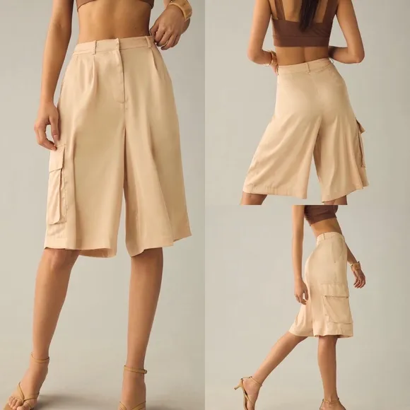 Anthropologie Hutch Women’s Size Medium Neutral Beige Pleated Utility Shorts NWT