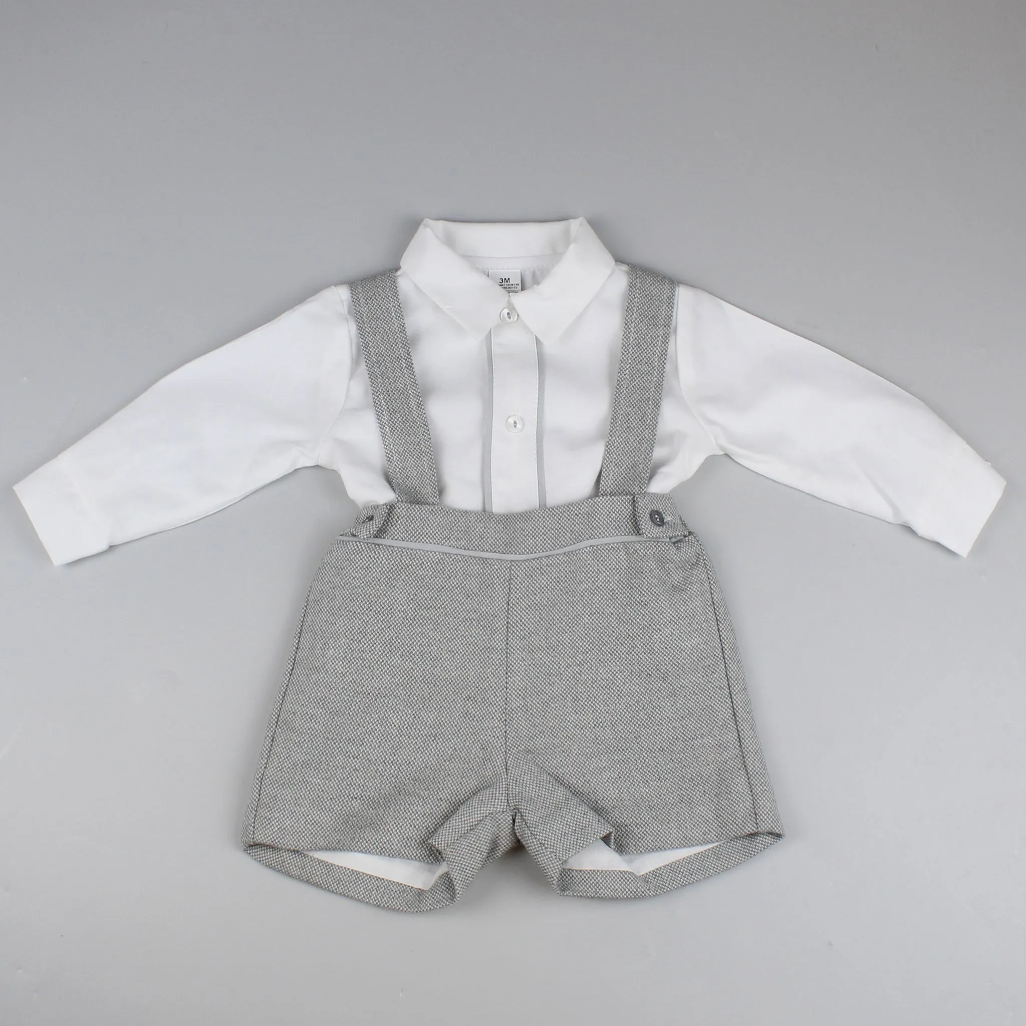 Baby Boys Grey Two Piece Outfit- Shirt, Braces and Shorts Set
