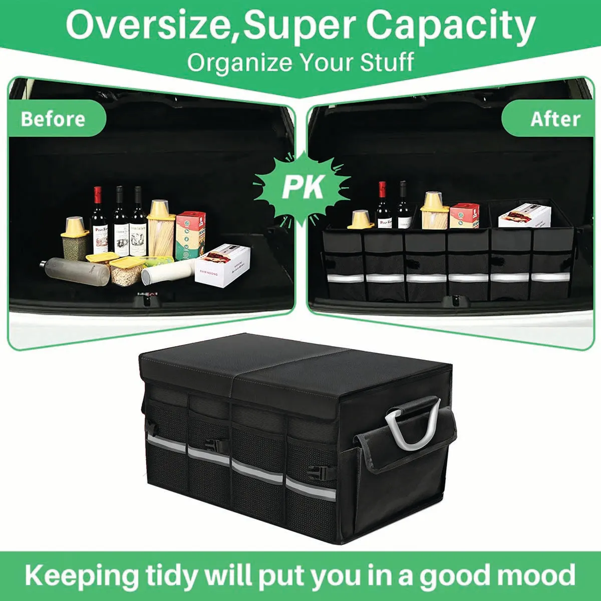 Big Trunk Organizer, Cargo Organizer SUV Trunk Storage Waterproof Collapsible Durable Multi Compartments WQ12994