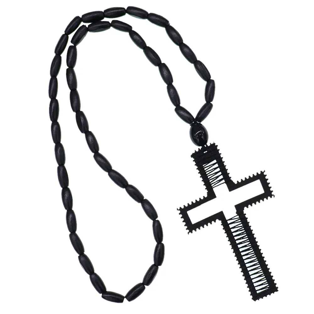 Black Beaded Woven Cross Necklace