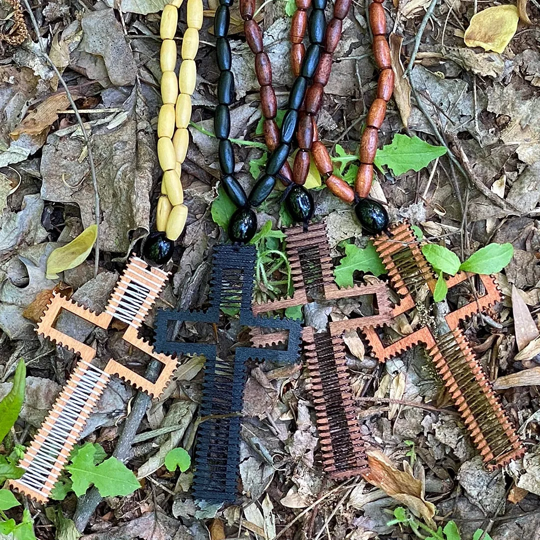 Black Beaded Woven Cross Necklace