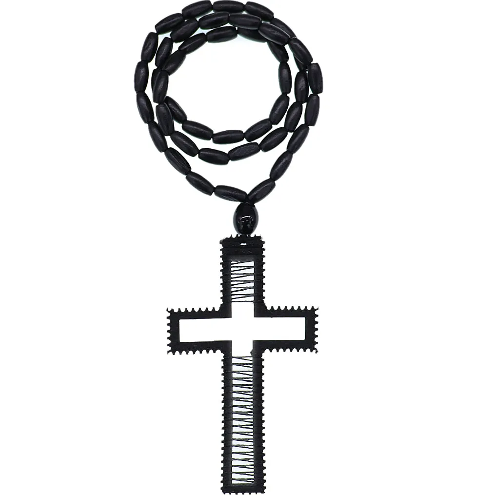 Black Beaded Woven Cross Necklace