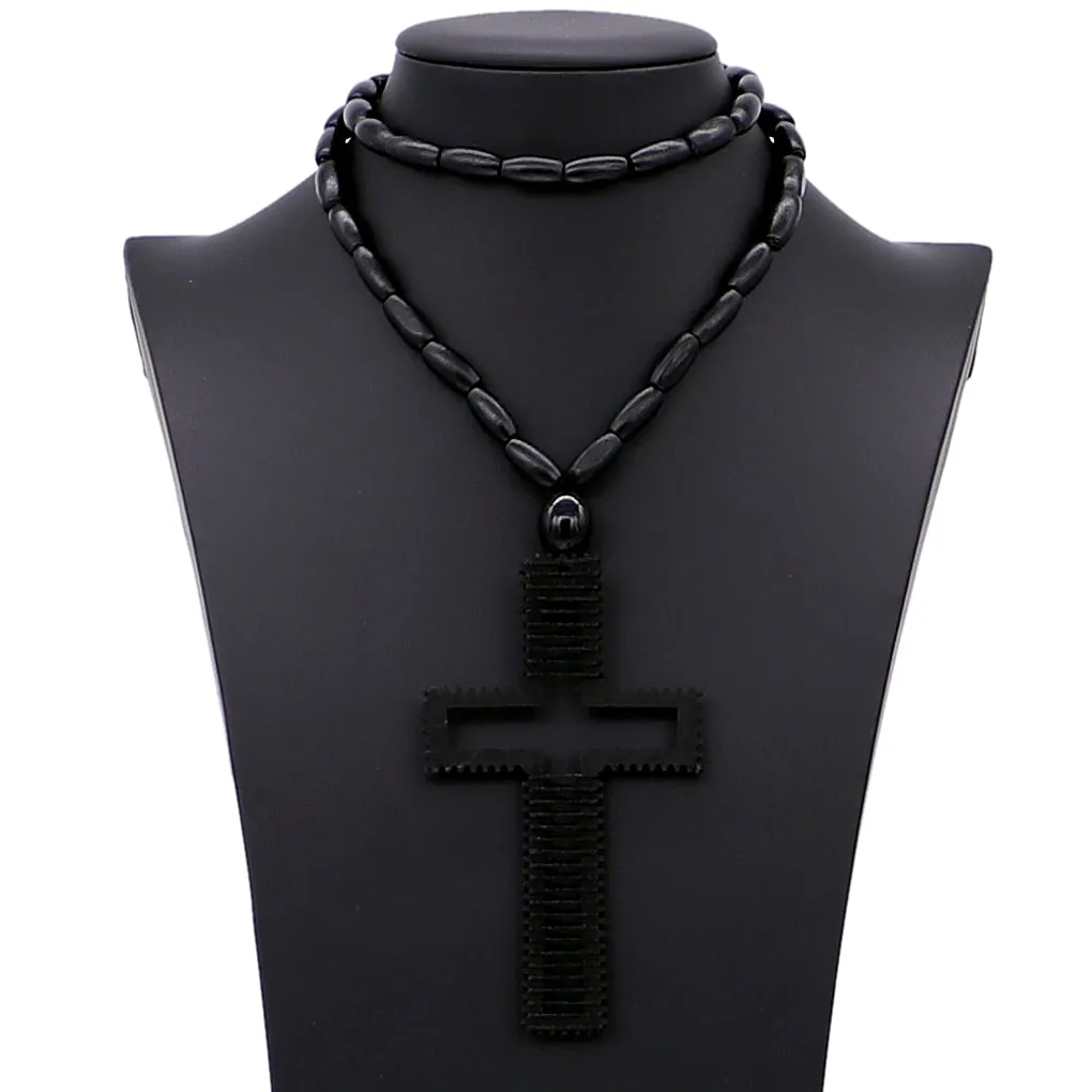Black Beaded Woven Cross Necklace