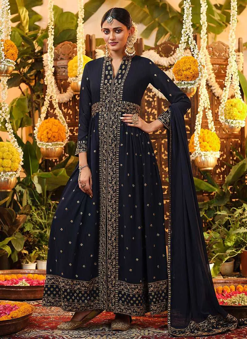 Blue and Gold Heavy Embroidered Stylish Pant Style Suit