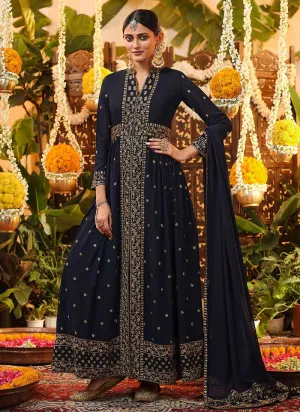 Blue and Gold Heavy Embroidered Stylish Pant Style Suit