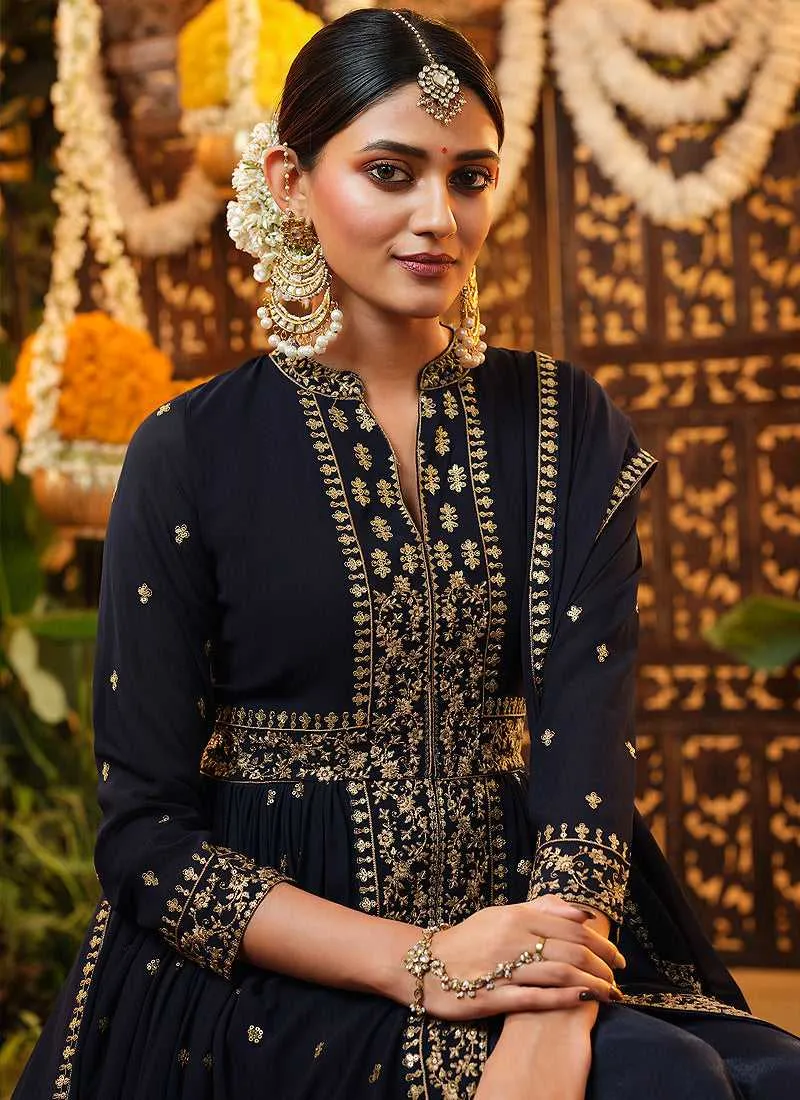 Blue and Gold Heavy Embroidered Stylish Pant Style Suit