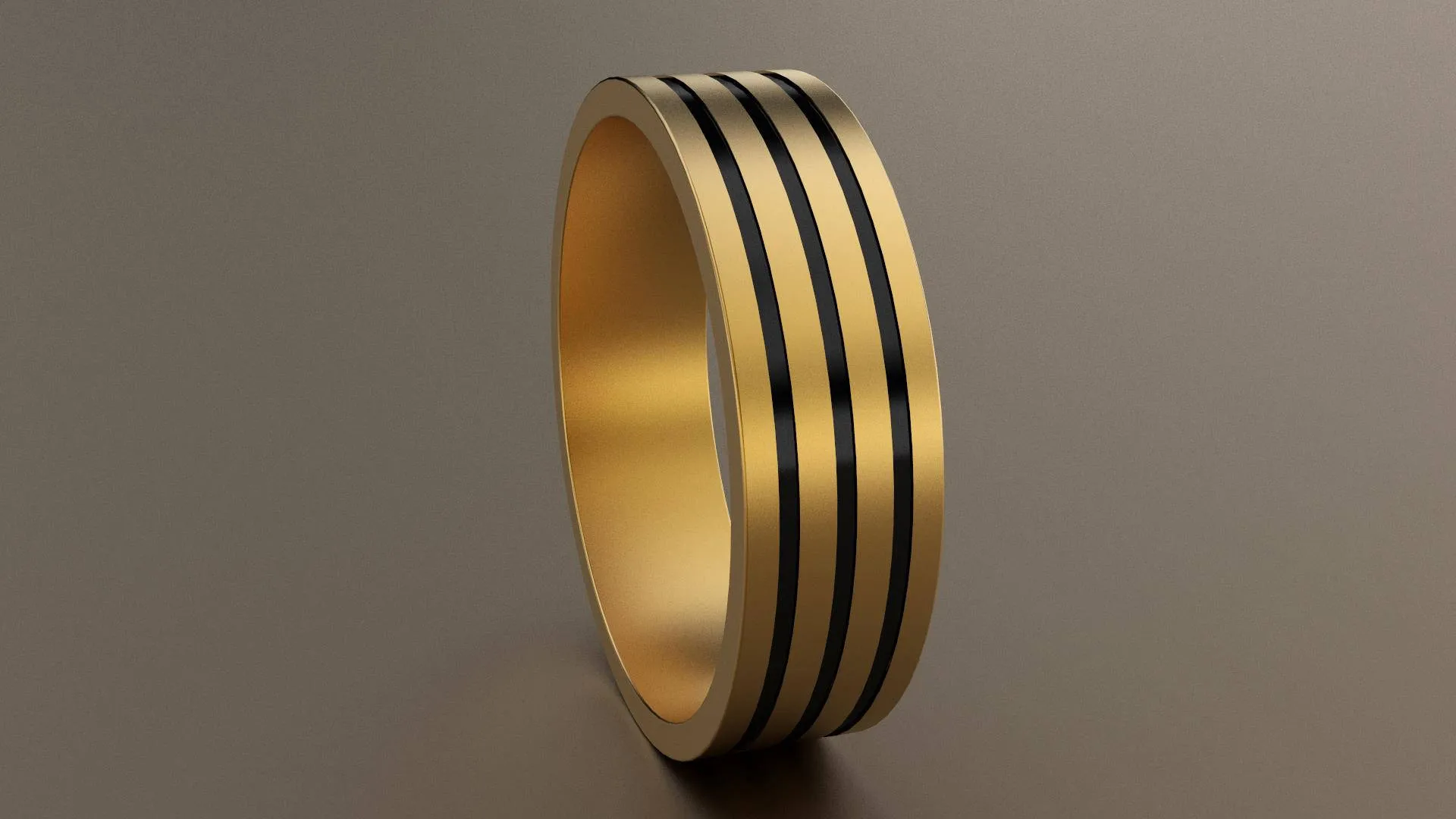 Brushed Yellow Gold 6mm Triple Black Groove Wedding Band