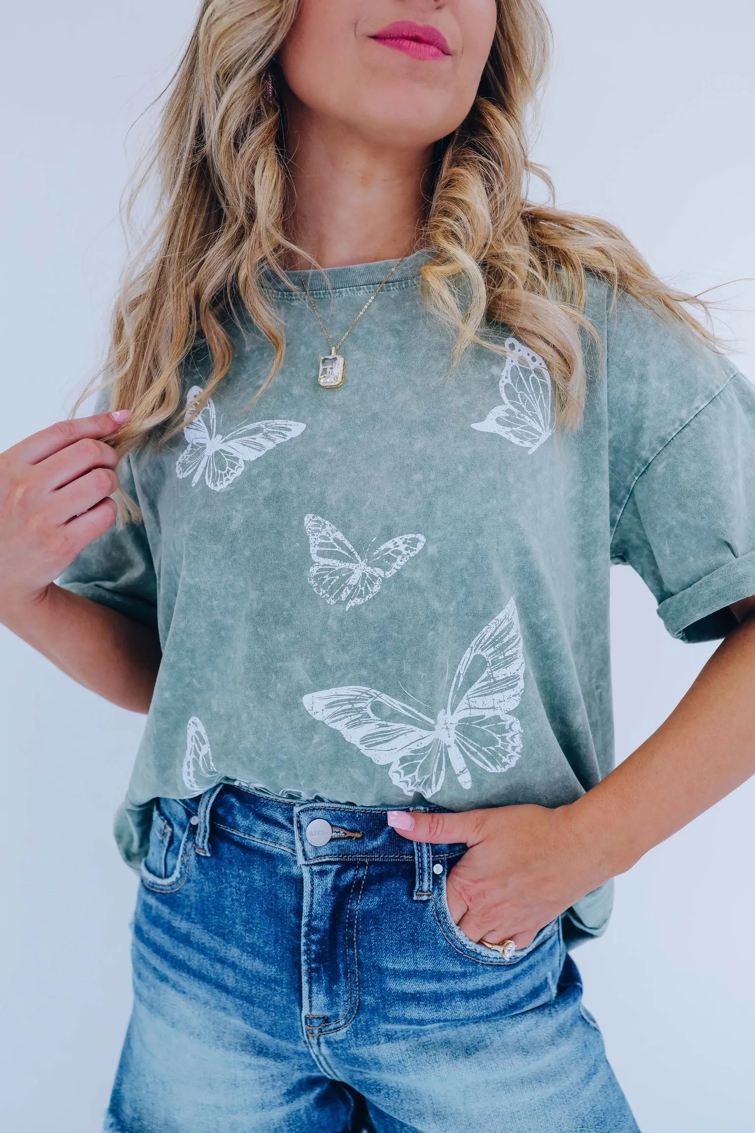 Butterfly Acid Washed Graphic Tee - Green