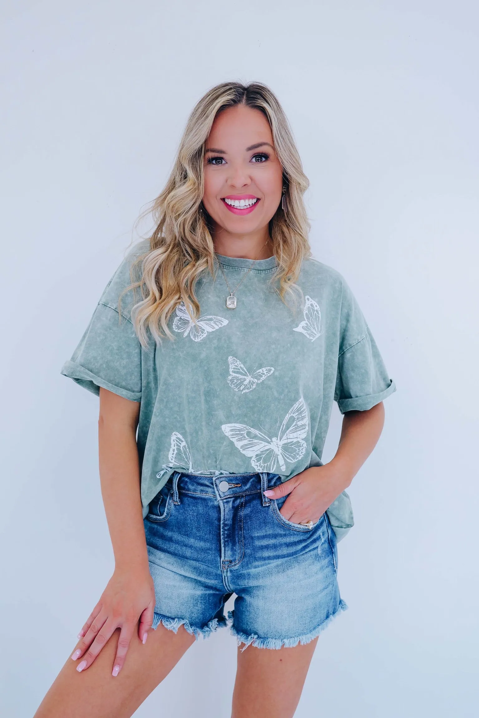 Butterfly Acid Washed Graphic Tee - Green