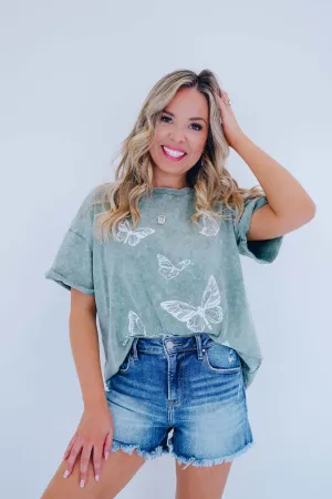 Butterfly Acid Washed Graphic Tee - Green
