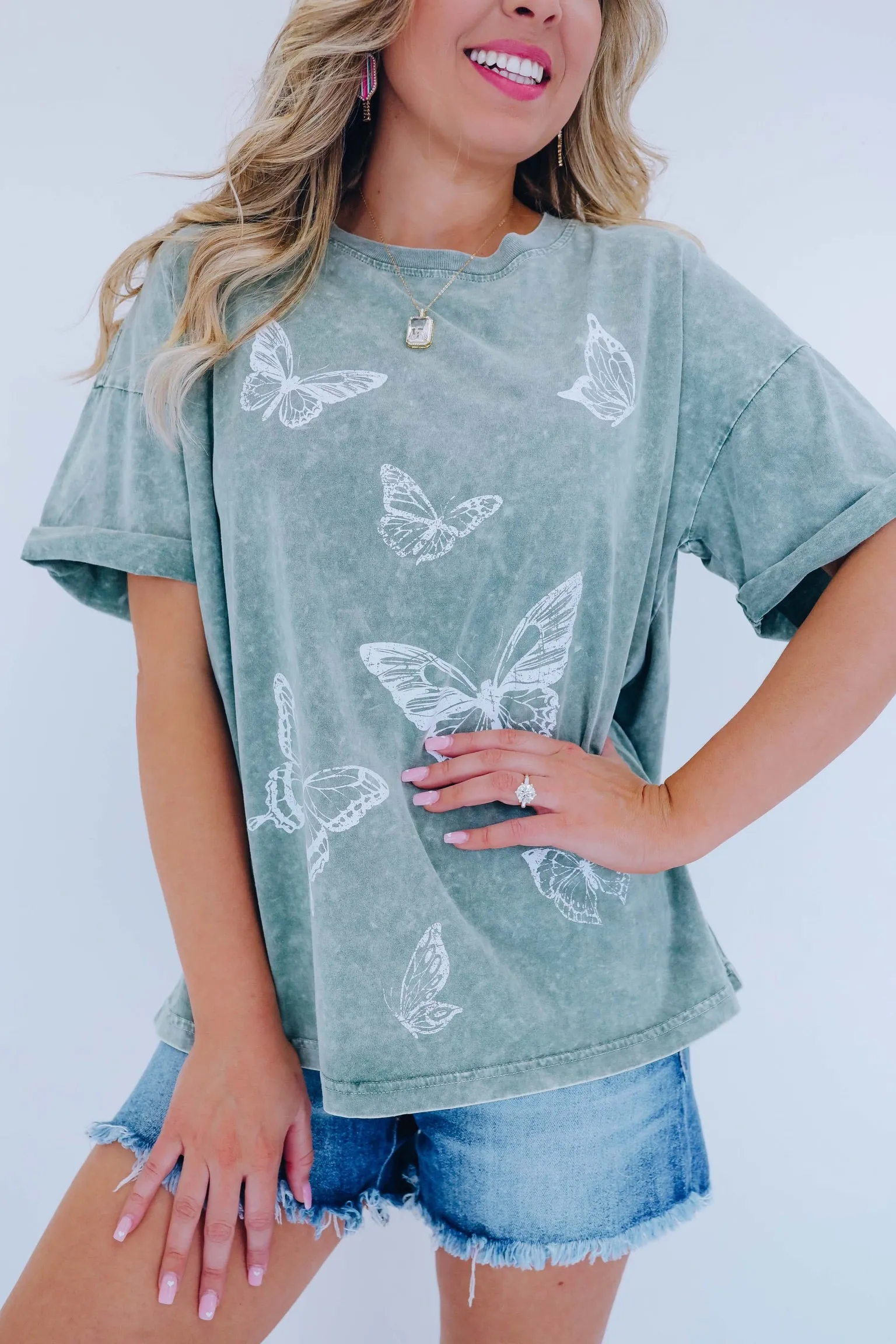 Butterfly Acid Washed Graphic Tee - Green