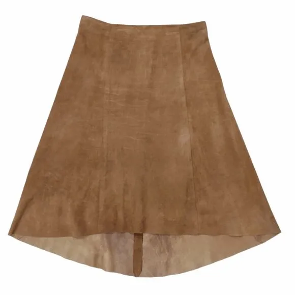 CACHE Tan Suede A-line Flare Skirt w/ Hi Low Hemline Size 6 Coastal Cowgirl Boho