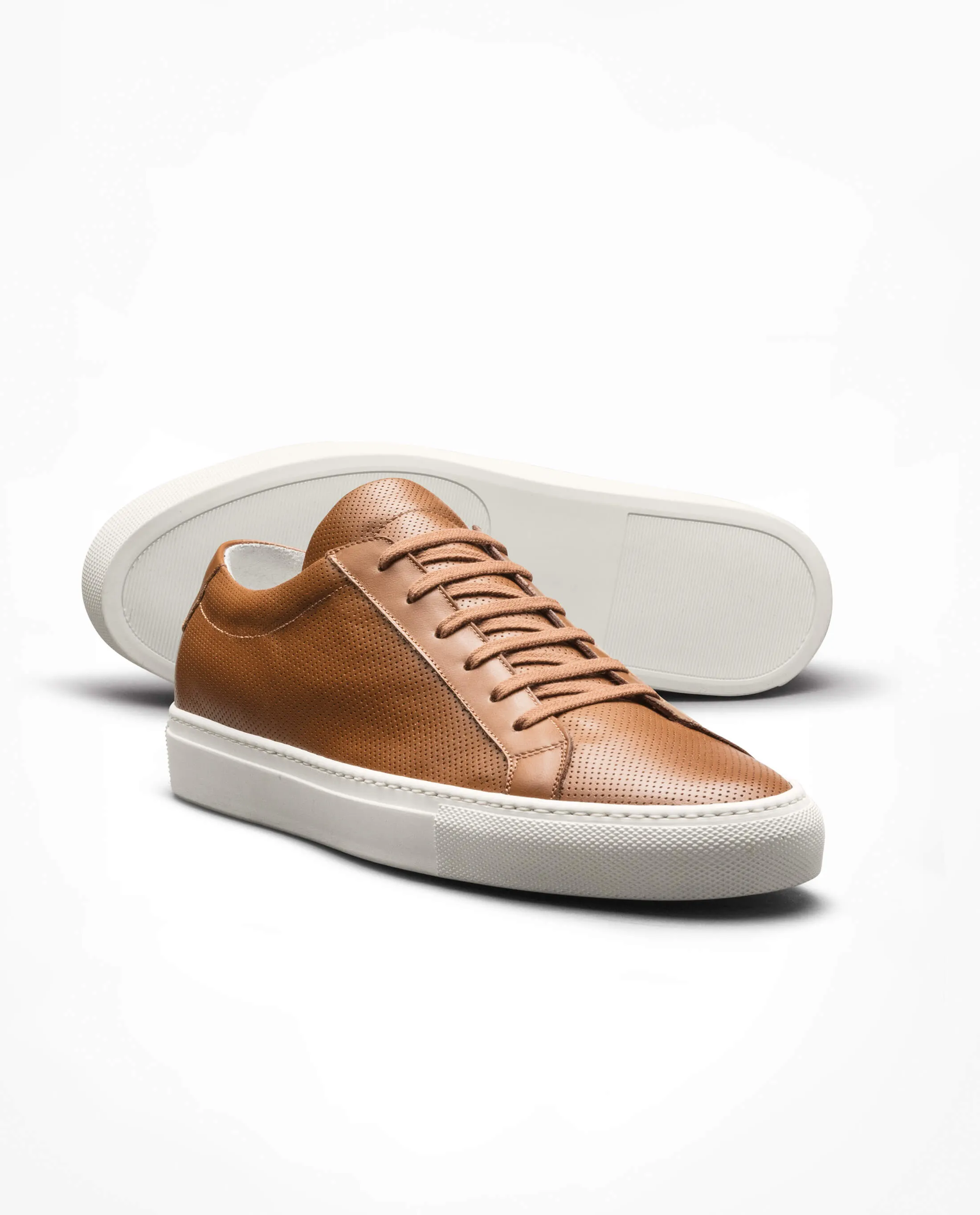 Camel Perforated Calf Low-Top Sneakers