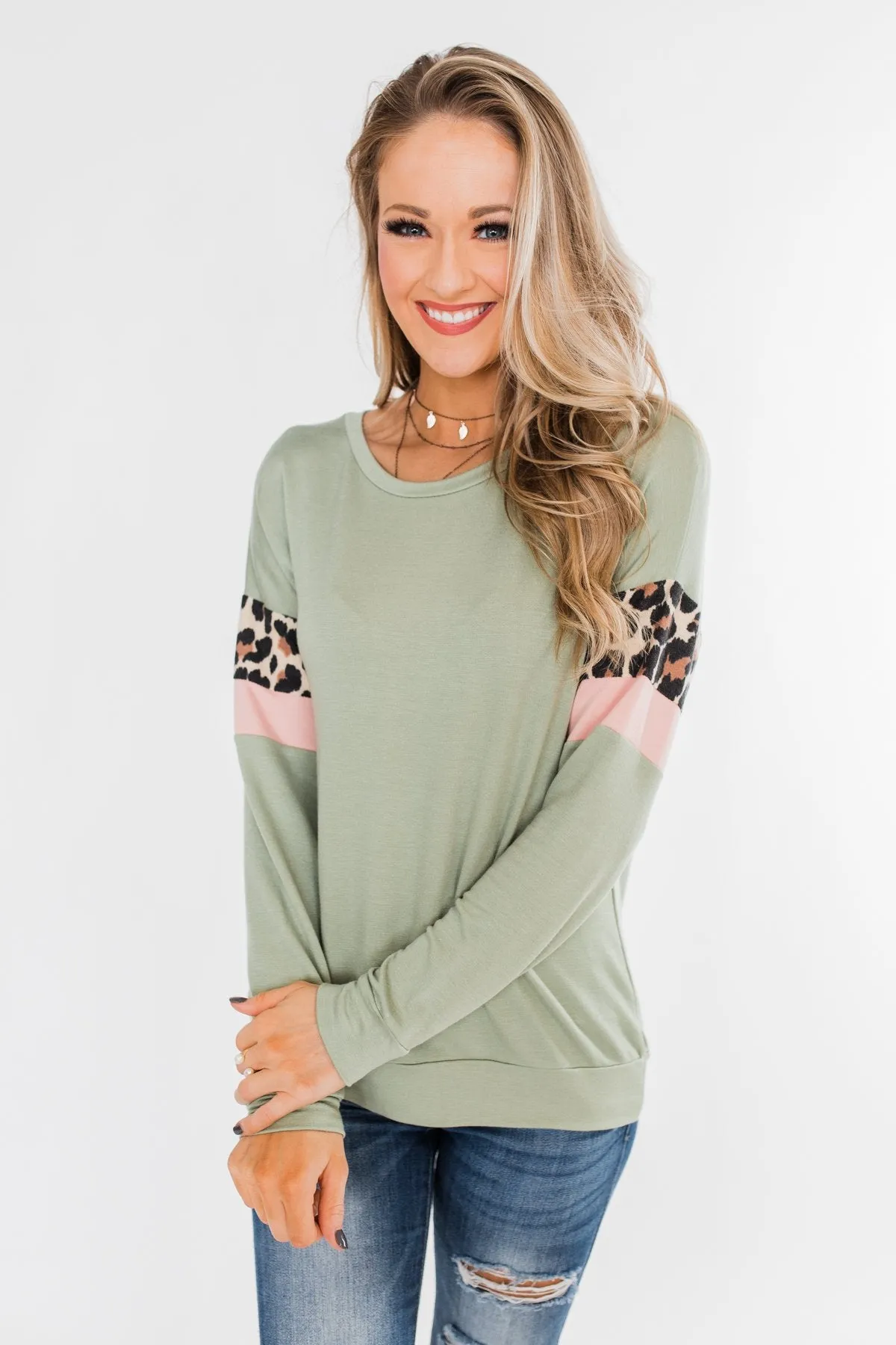 Can't Be Tamed Long Sleeve Top- Sage, Leopard, & Blush