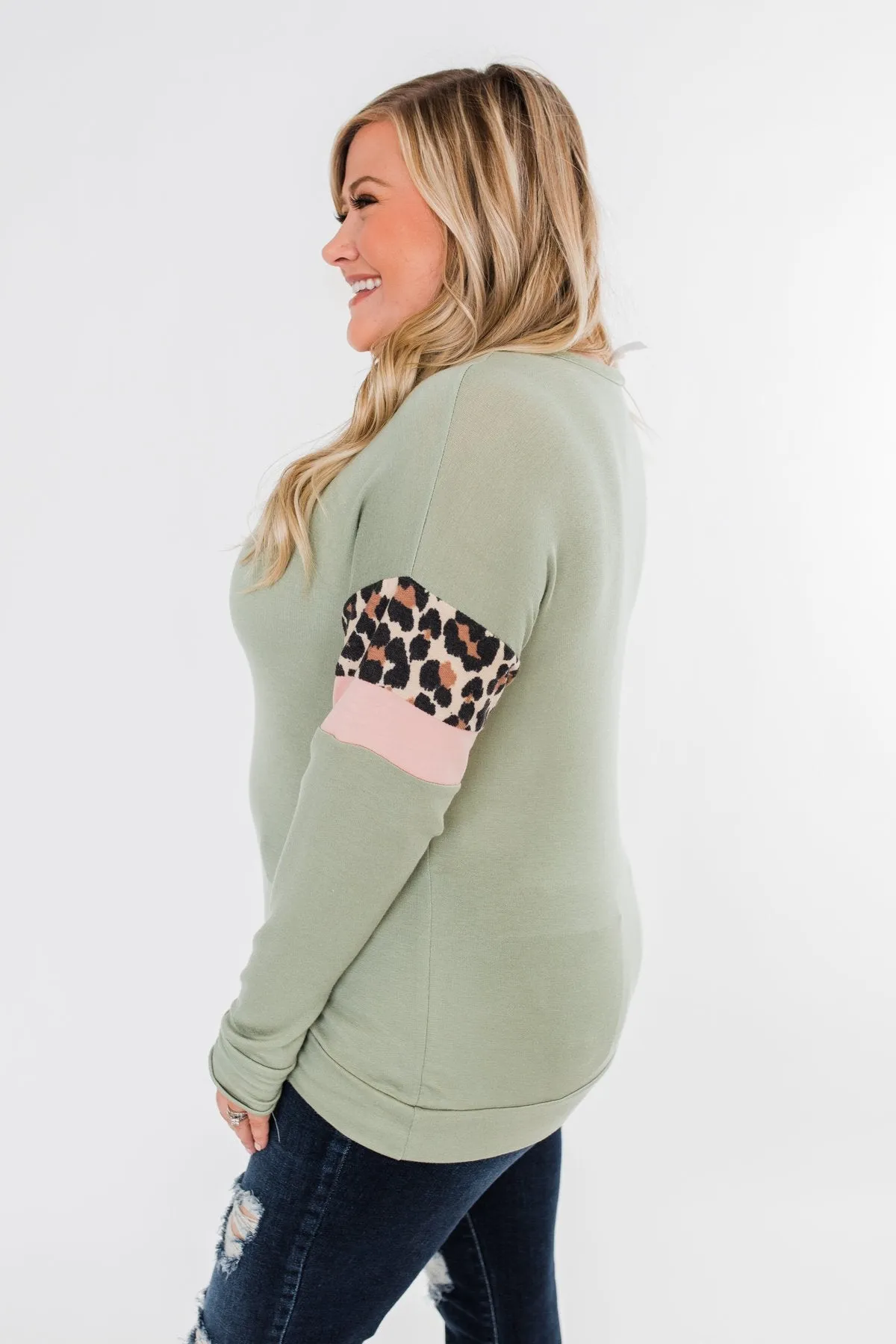 Can't Be Tamed Long Sleeve Top- Sage, Leopard, & Blush