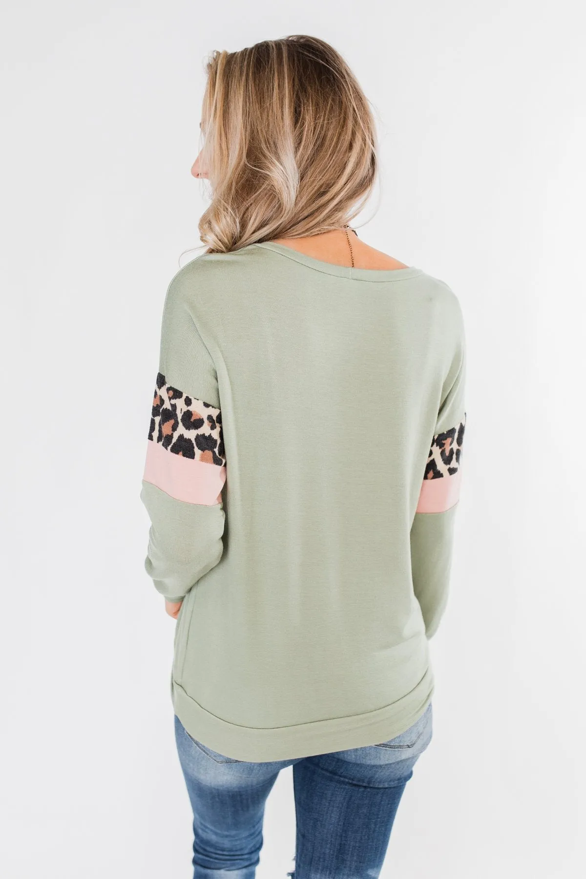 Can't Be Tamed Long Sleeve Top- Sage, Leopard, & Blush