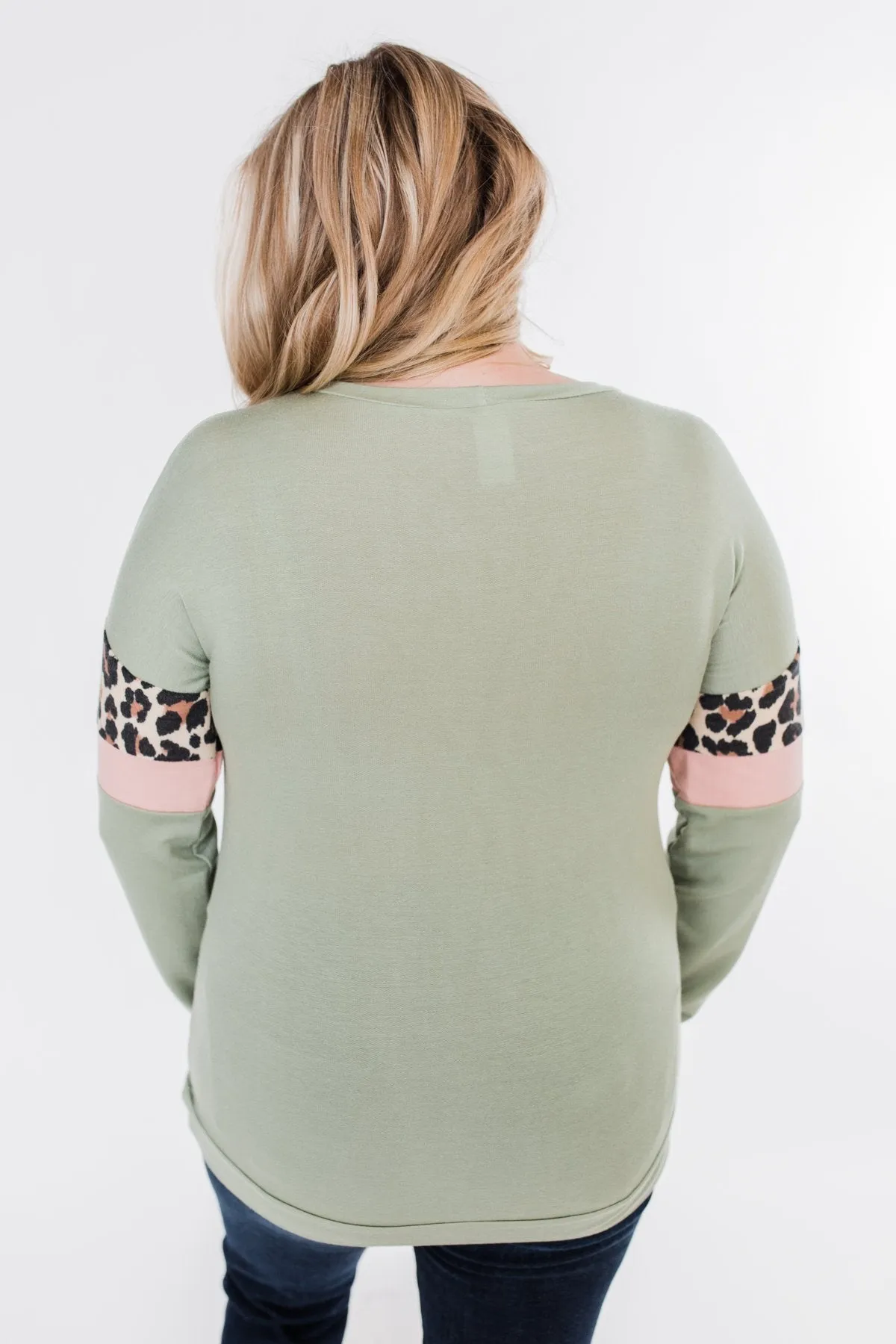 Can't Be Tamed Long Sleeve Top- Sage, Leopard, & Blush