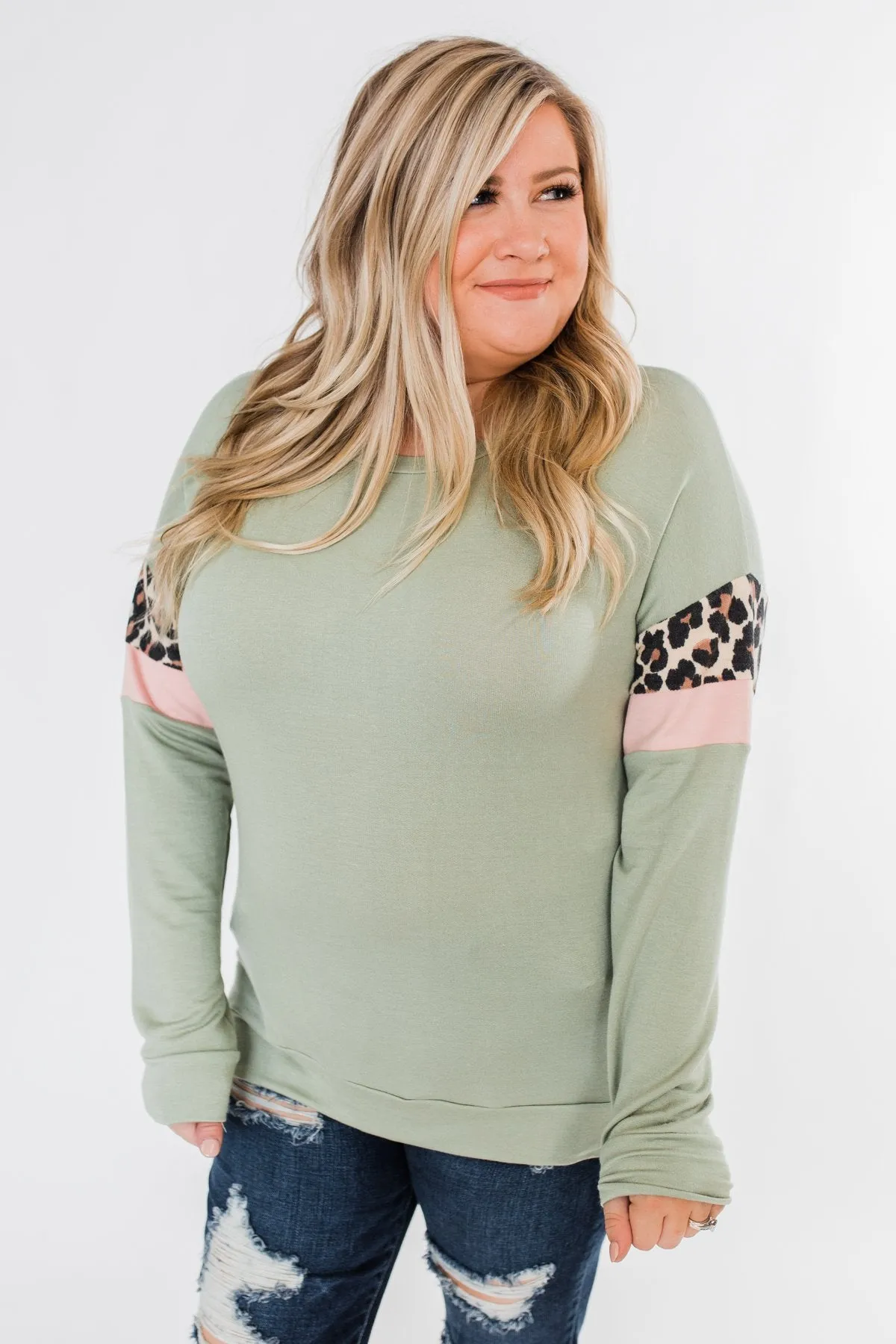 Can't Be Tamed Long Sleeve Top- Sage, Leopard, & Blush