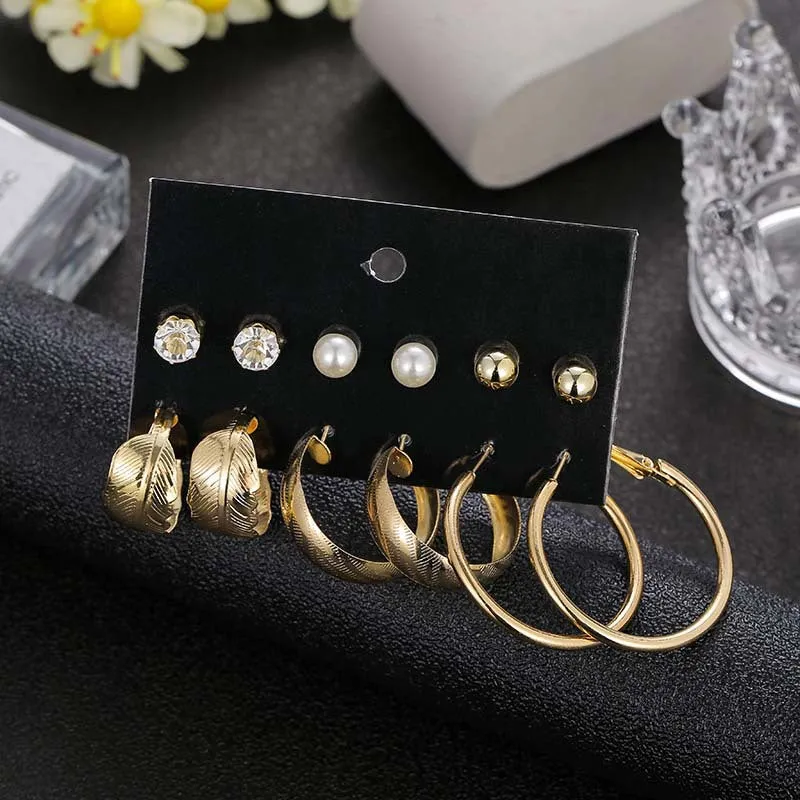 Combo 6 Pair Pearl Studs and Plain Hoop Earrings