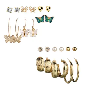 Combo of 12 Pair Butterfly Crystal Studs and Hoop Earrings
