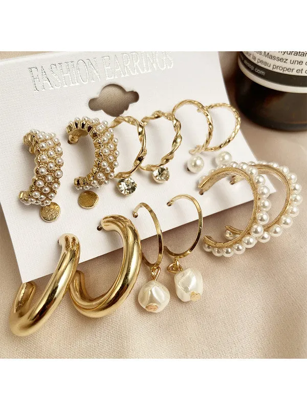 Combo of 15 Pair Golden Studs and Pearl Hoop Earrings