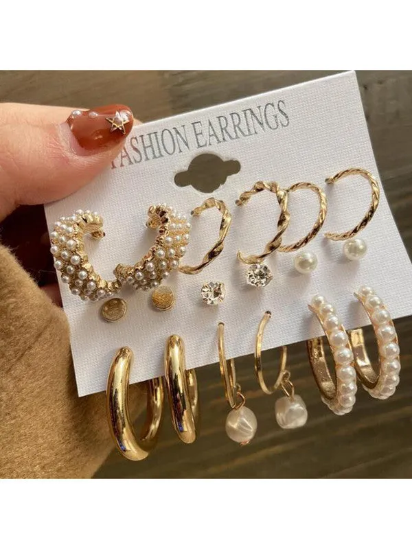 Combo of 15 Pair Golden Studs and Pearl Hoop Earrings