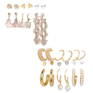 Combo of 15 Pair Golden Studs and Pearl Hoop Earrings