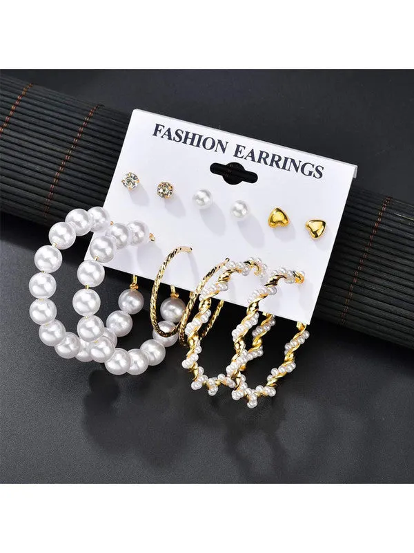 Combo of 15 Pair Studs and Pearl Hoop Earrings
