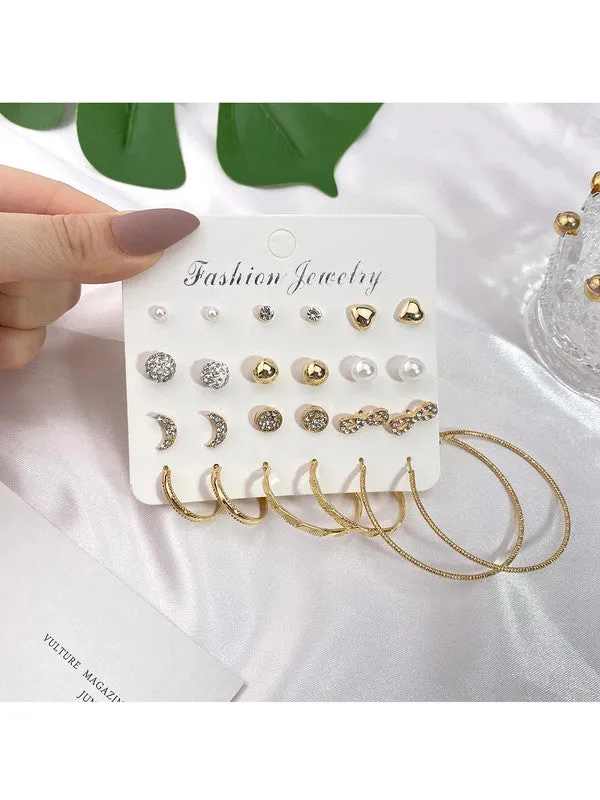 Combo of 18 Pair Golden Pearl Stone Studs and Hoop Earrings