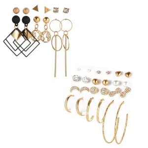 Combo of 18 Pair Golden Pearl Stone Studs and Hoop Earrings