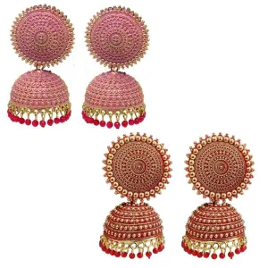 Combo of 2 Red and Pink Pearls Dome Shape Jhumki