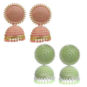 Combo of 2 Seagreen and Peach Pearls Dome Shape Jhumki