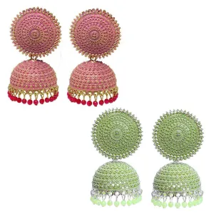 Combo of 2 Seagreen and Pink Pearls Dome Shape Jhumki