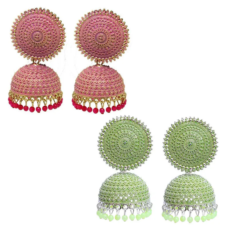 Combo of 2 Seagreen and Pink Pearls Dome Shape Jhumki