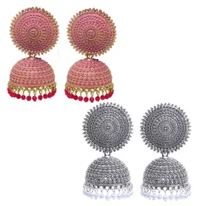 Combo of 2 Silver and Pink Pearls Dome Shape Jhumki