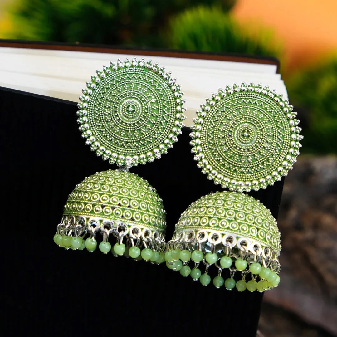 Combo of 2 Silver and Seagreen Pearls Dome Shape Jhumki