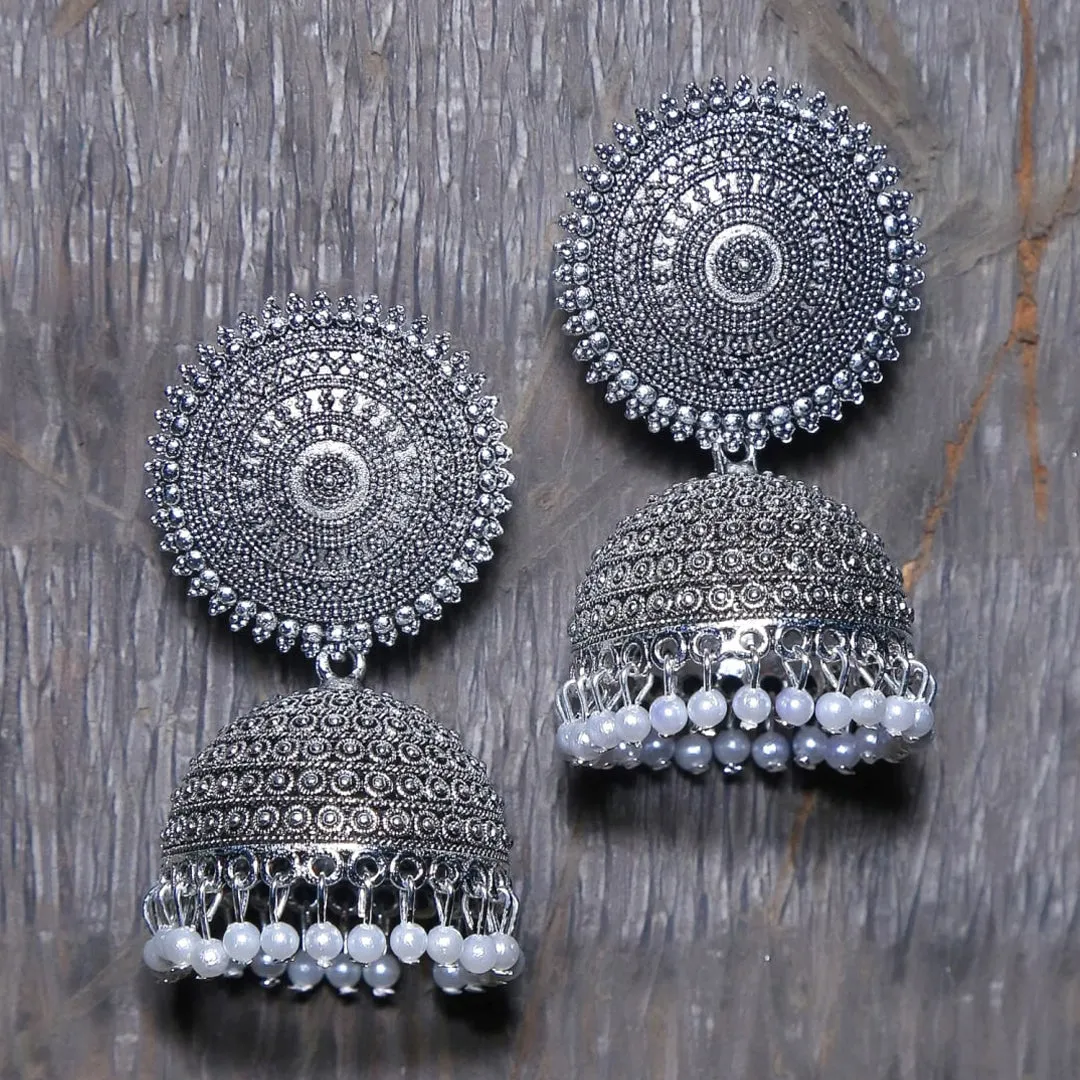 Combo of 2 Silver and Seagreen Pearls Dome Shape Jhumki