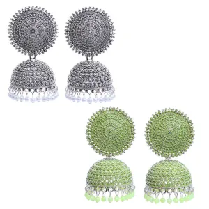 Combo of 2 Silver and Seagreen Pearls Dome Shape Jhumki