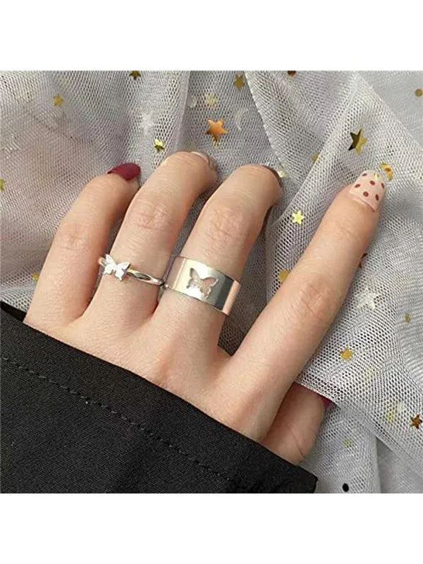 Combo of 2 Silver Plated Star and Butterfly Couple Ring